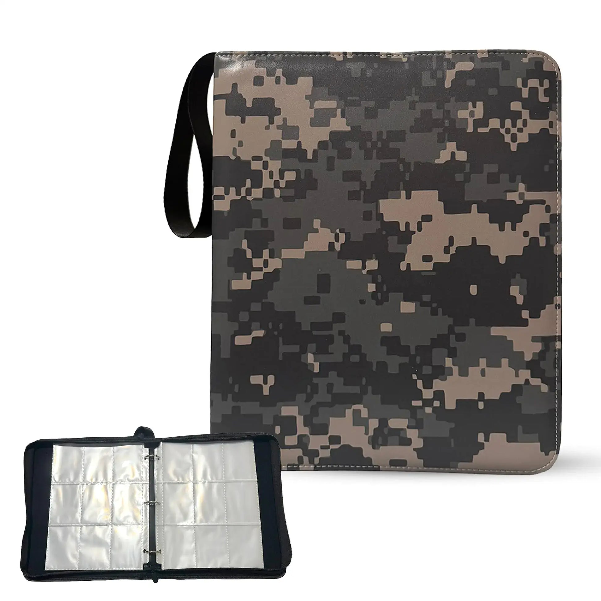 Camouflage trading card binder with 9-pocket sleeves for sports and Pokémon trading cards