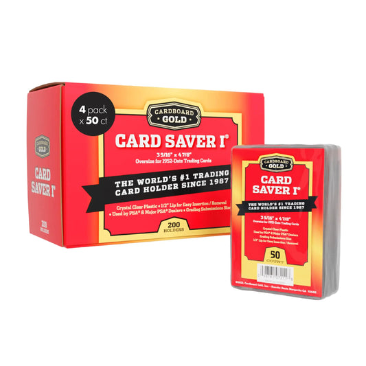 Cardboard Gold card saver display showing semi rigid trading card protectors and storage options