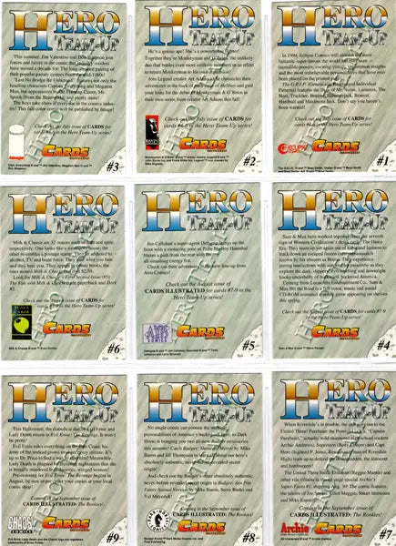 Collection of nine Hero Quest character trading cards in a 3x3 grid layout