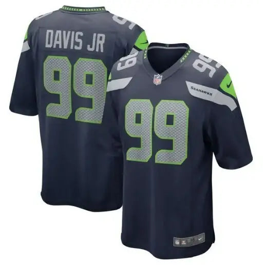 Dark blue Carl Davis Jr Seahawks Nike Game Jersey with DAVIS JR 99 in green and grey
