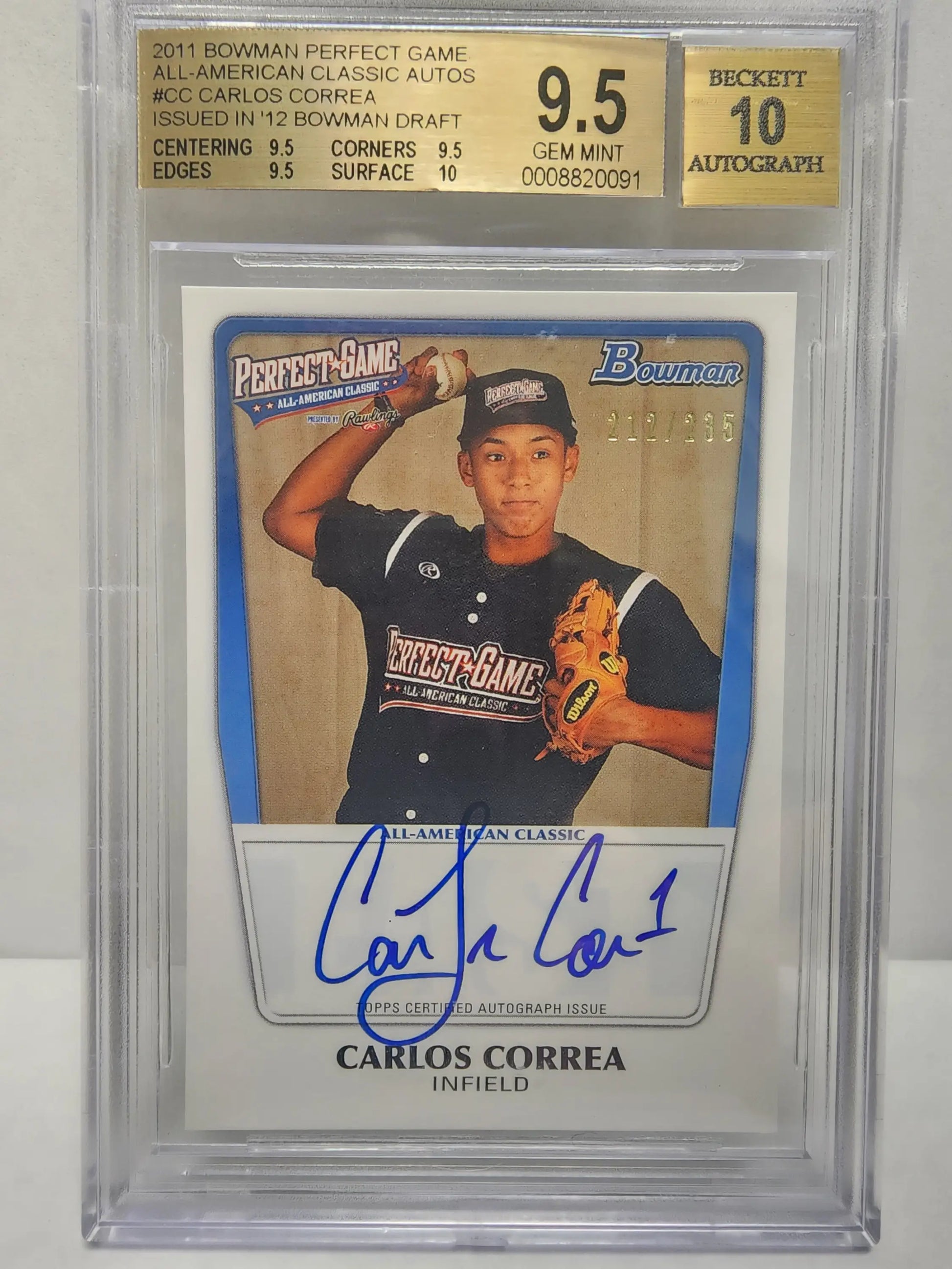 Graded BGS 9.5 Carlos Correa Bowman Perfect Game Auto baseball card in dark uniform
