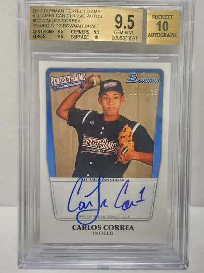 Graded BGS 9.5 Carlos Correa Bowman Perfect Game Auto baseball card in dark uniform