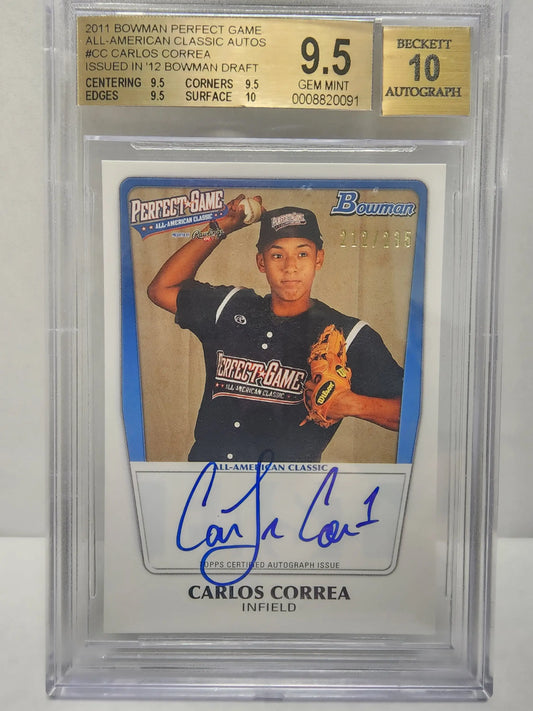 Graded BGS 9.5 Carlos Correa Bowman Perfect Game Auto baseball card in dark uniform