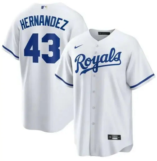 White Kansas City Royals replica Nike home baseball jersey featuring Carlos Hernández