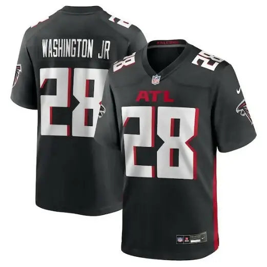 Black Atlanta Falcons football jersey featuring Carlos Washington Jr. Nike Team Game design