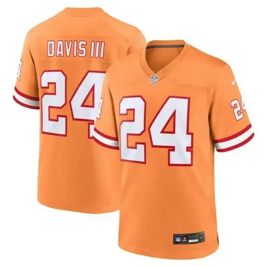Orange American football jersey with white numbers and lettering for Carlton Davis III Buccaneers