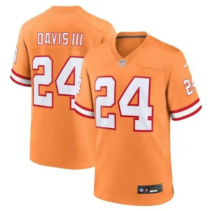Orange American football jersey with white numbers and lettering for Carlton Davis III Buccaneers