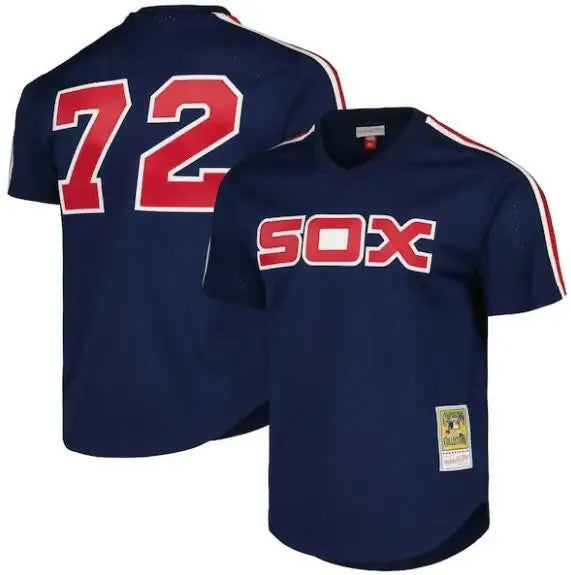 Navy baseball jersey with red accents from Carlton Fisk Chicago White Sox Cooperstown Collection