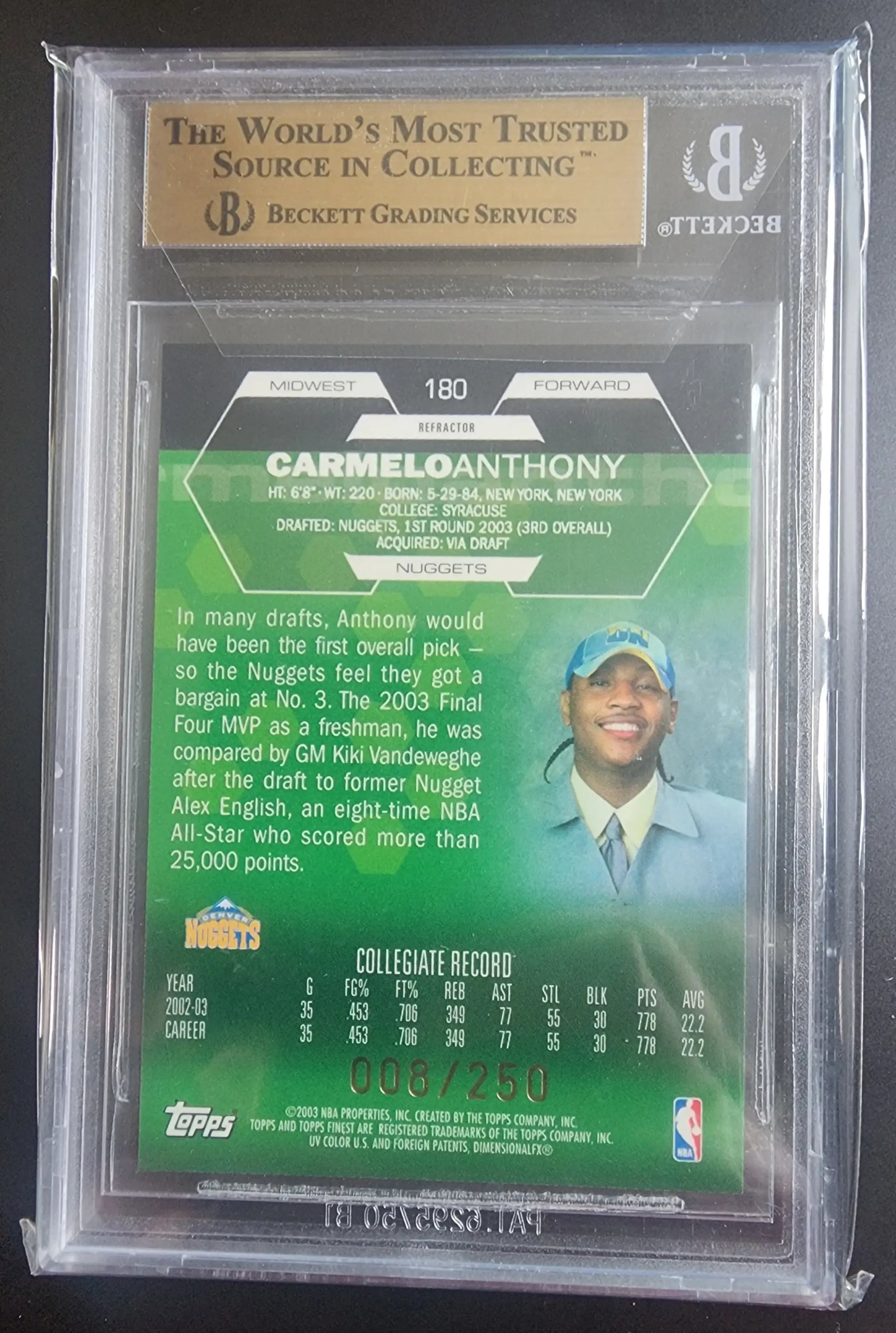 BGS-graded basketball card back showing Carmelo Anthony Finest Refractor Gem Mint details