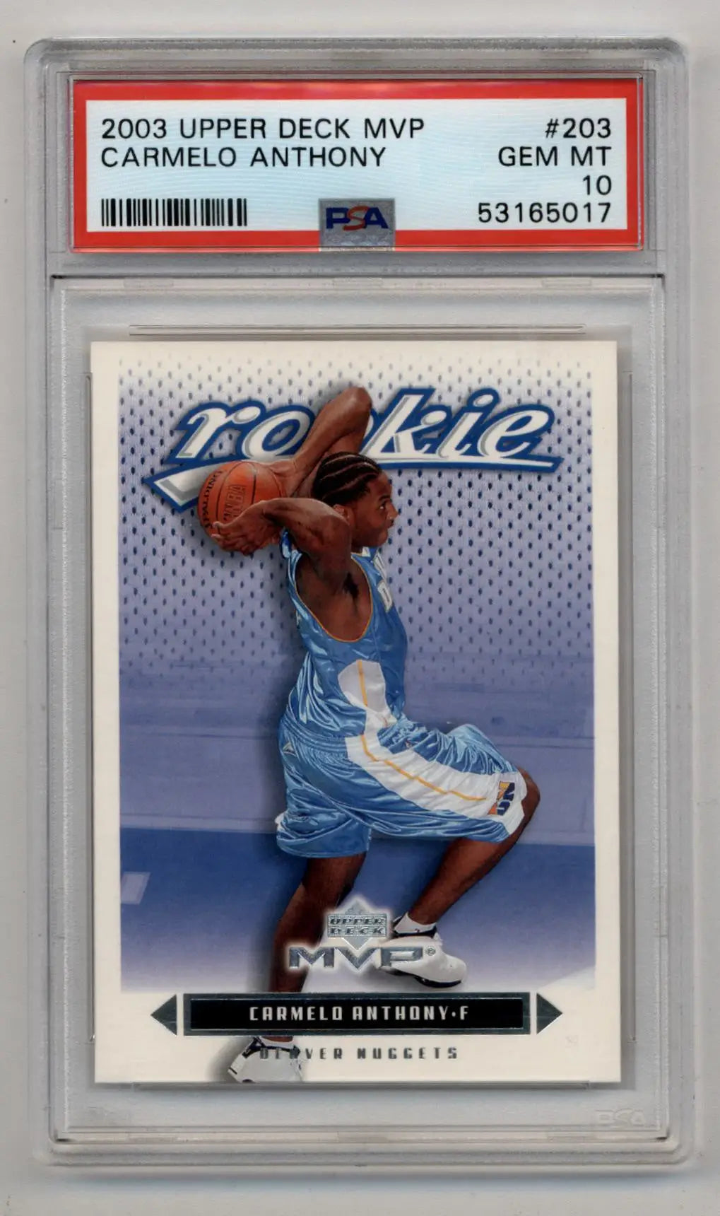 A graded 2003 Upper Deck MVP Carmelo Anthony rookie basketball card in PSA 10 Gem Mint