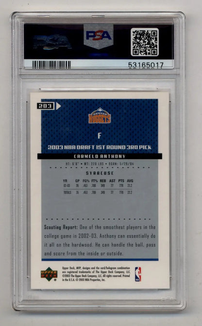 Carmelo Anthony 2003 Upper Deck MVP basketball card PSA 10 Gem Mint featuring draft pick