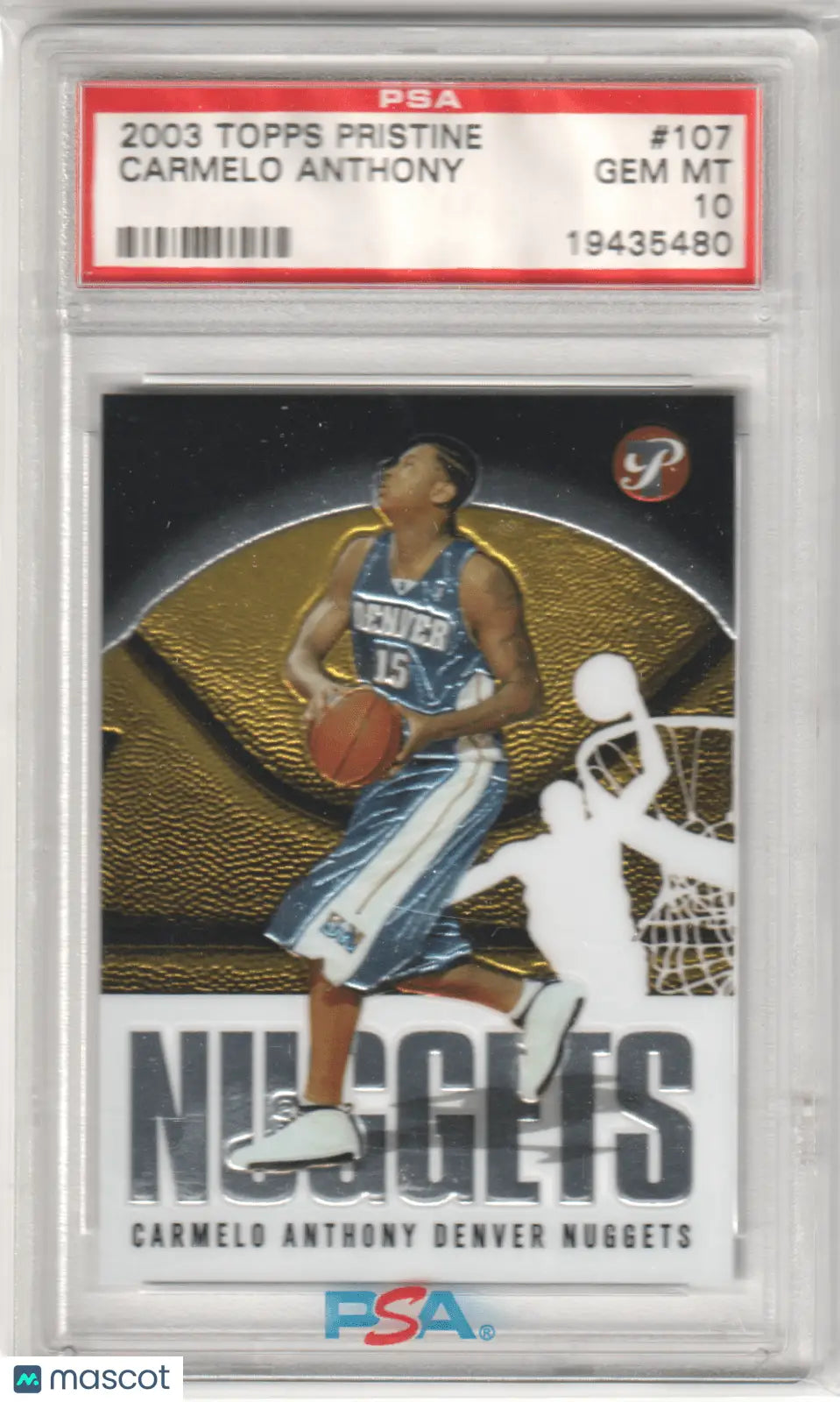 Graded Carmelo Anthony 2003 Topps Pristine RC Rookie card displayed by Columbia Hobby