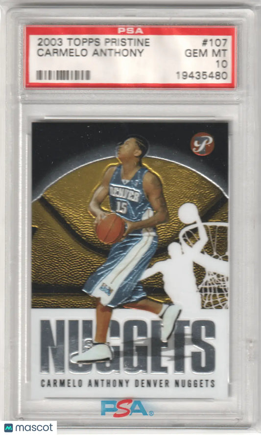 Graded Carmelo Anthony 2003 Topps Pristine RC Rookie card displayed by Columbia Hobby