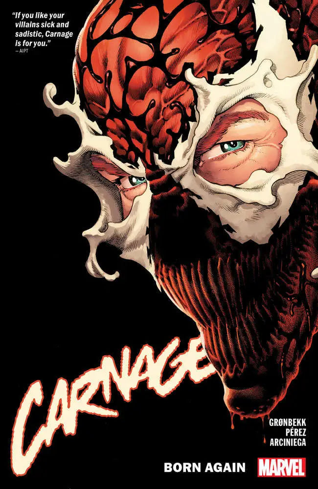 Grotesque red and white face with sharp teeth on Carnage Volume 1 trading cards