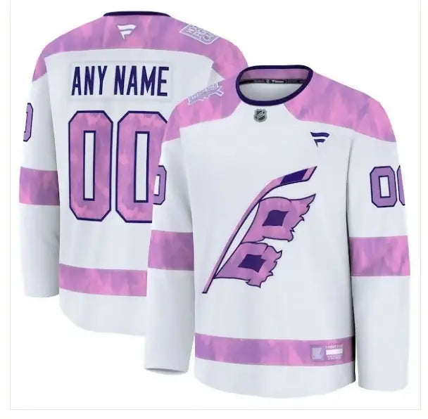 White Carolina Hurricanes 2024 Hockey Fights Cancer practice jersey with pink accents