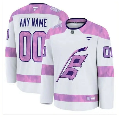 White Carolina Hurricanes 2024 Hockey Fights Cancer practice jersey with pink accents