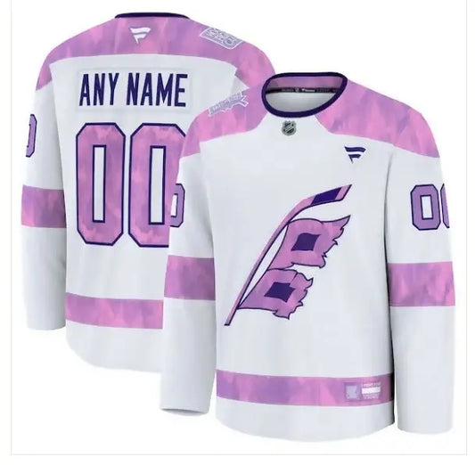 White Carolina Hurricanes 2024 Hockey Fights Cancer practice jersey with pink accents
