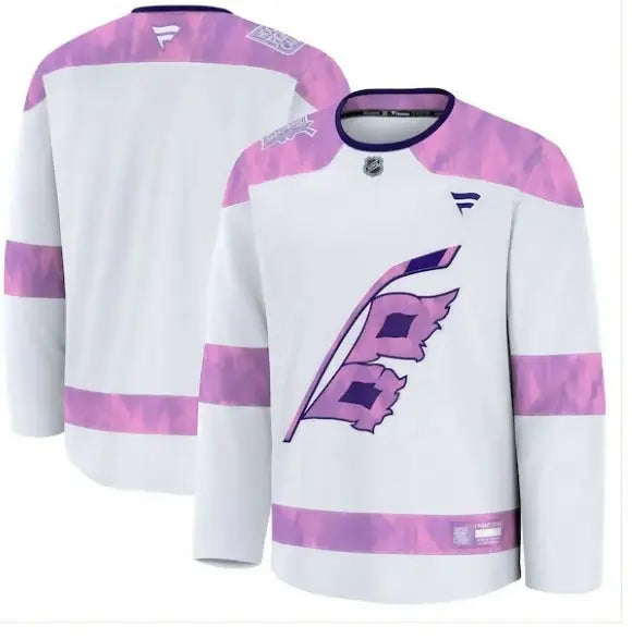 White Carolina Hurricanes 2024 Hockey Fights Cancer Practice Jersey with purple accents