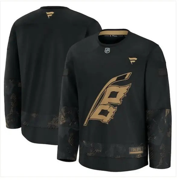 Black Carolina Hurricanes 2024 Military Appreciation Practice Jersey with gold accents