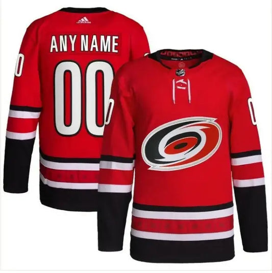Red Carolina Hurricanes hockey jersey displayed in a premium adidas Alternate Primegreen Authentic Custom Jersey