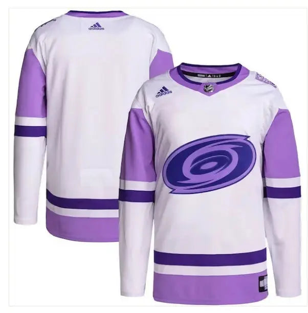 White and purple Carolina Hurricanes Adidas Hockey Fights Cancer Primegreen practice jersey