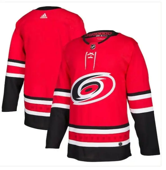 Red Carolina Hurricanes hockey jersey displayed in Carolina Hurricanes adidas Home Authentic Blank Jersey