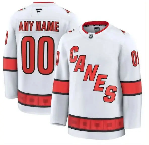 White Carolina Hurricanes hockey jersey displayed in Carolina Hurricanes Away Premium Custom Jersey - White