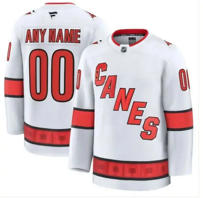 White Carolina Hurricanes hockey jersey displayed in Carolina Hurricanes Away Premium Custom Jersey - White