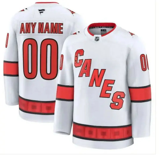 White Carolina Hurricanes hockey jersey displayed in Carolina Hurricanes Away Premium Custom Jersey - White