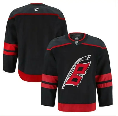Black and red Carolina Hurricanes home authentic pro hockey jersey displayed on a product page