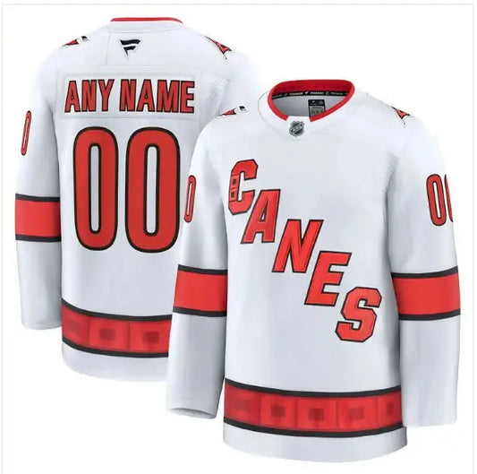 White Carolina Hurricanes hockey jersey displayed in the Carolina Hurricanes Home Premium Custom Jersey