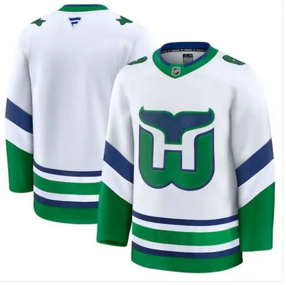 White Vancouver Canucks hockey jersey displayed on Carolina Hurricanes Throwback Premium Jersey product