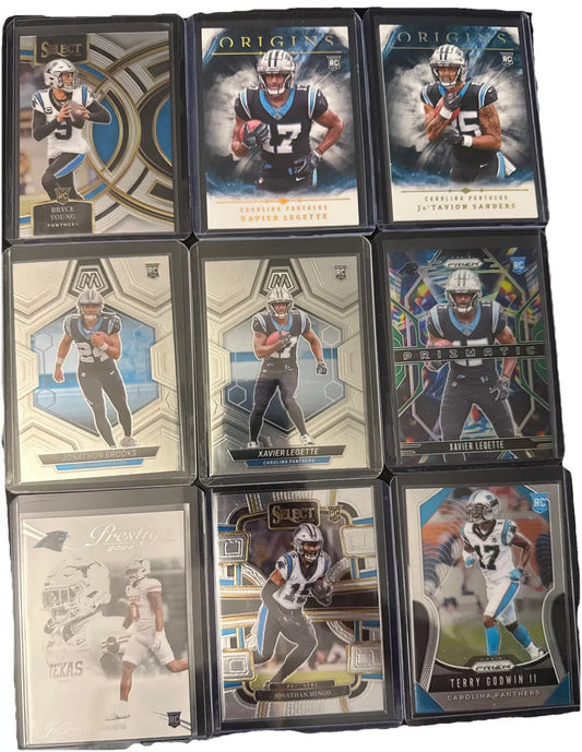Collection of nine Carolina Panthers trading cards featuring rookie lot including Brooks Sanders and Legette