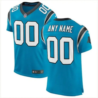 Light blue Carolina Panthers Nike Classic Elite Custom Football Jersey with black and white accents and number 00