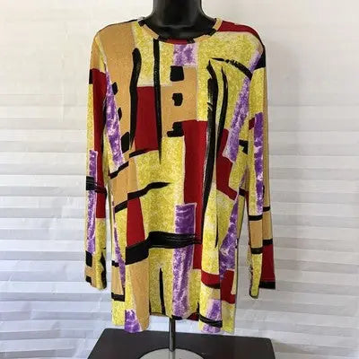 Carolyn Strauss geometric print pullover blouse in yellow red purple black size medium