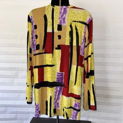 Carolyn Strauss geometric print pullover blouse with long sleeves and mock neck in size medium