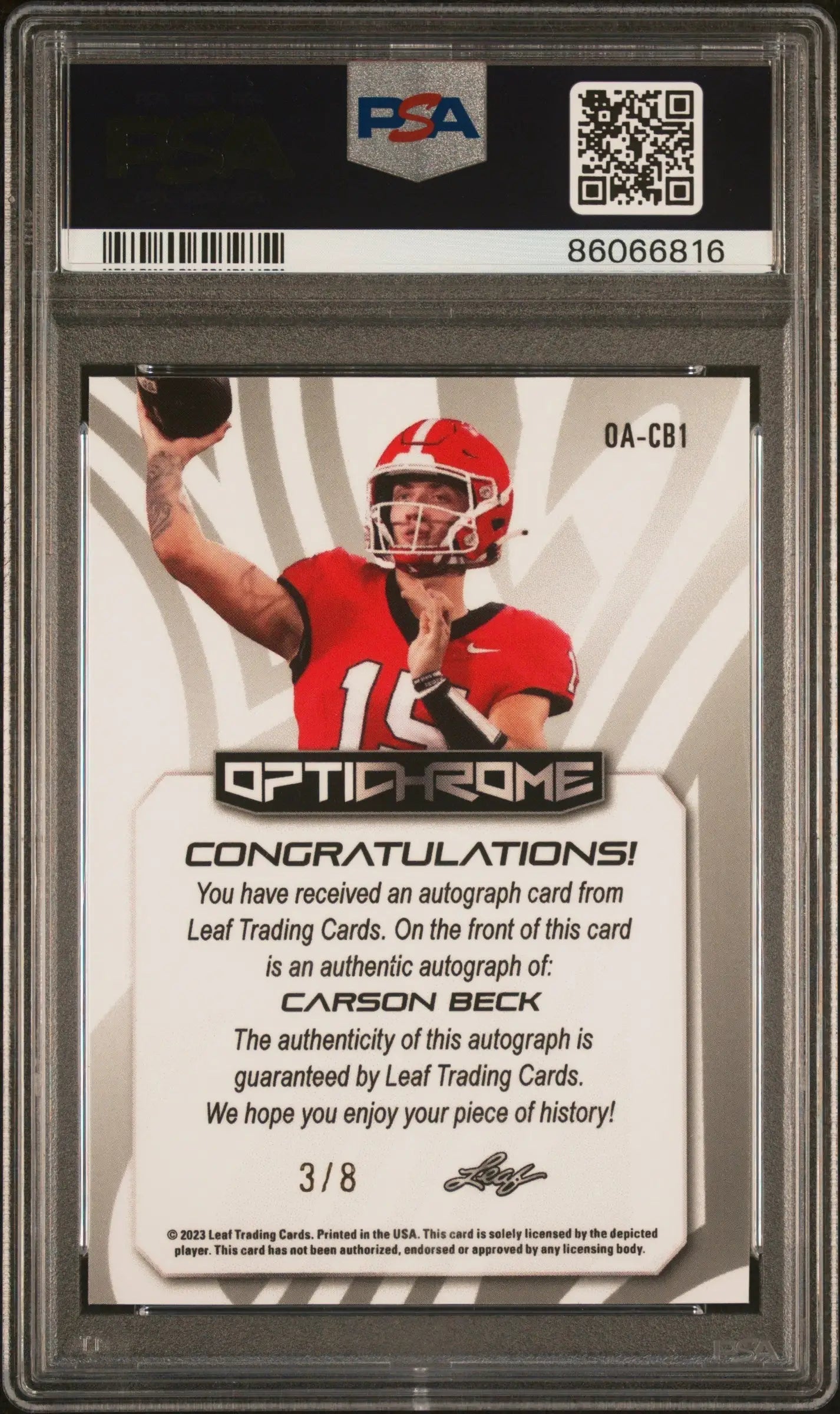 Graded Carson Beck Leaf Eclectic Blue Auto football trading card PSA 10