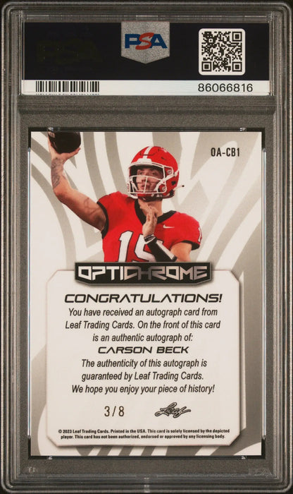 Graded Carson Beck Leaf Eclectic Blue Auto football trading card PSA 10