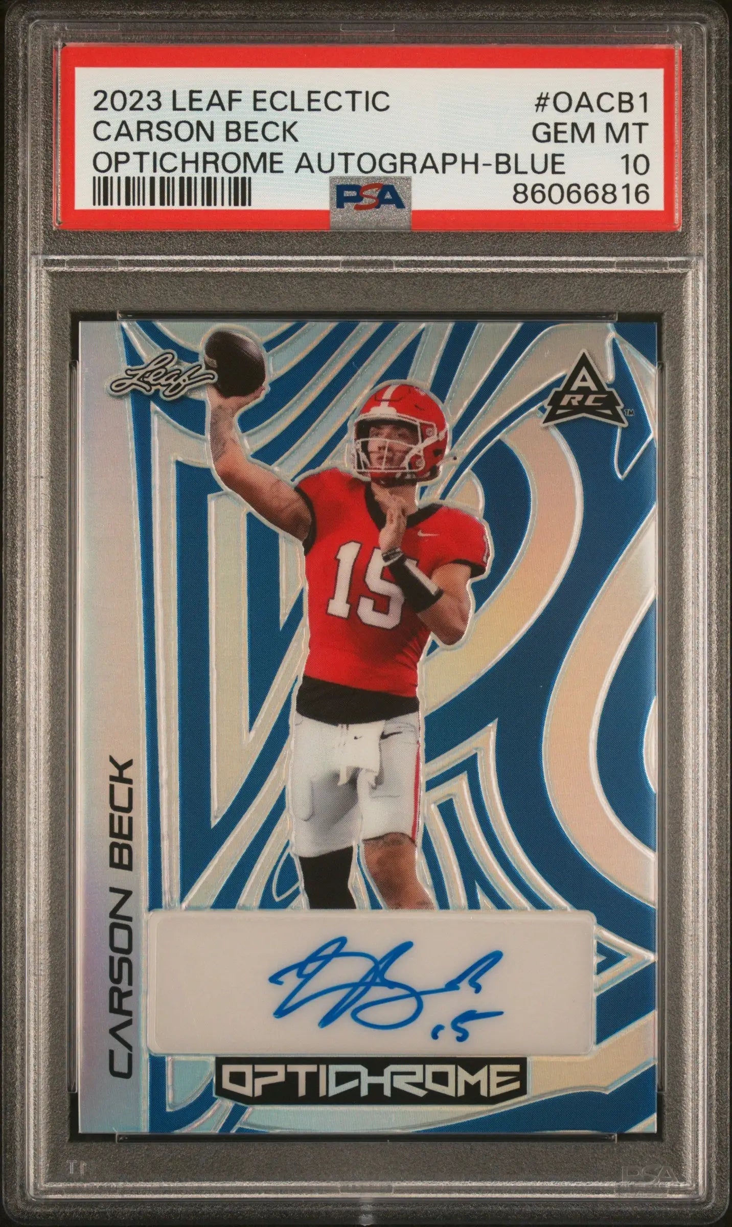 PSA-graded Carson Beck Leaf Eclectic Blue Auto trading card with blue auto design
