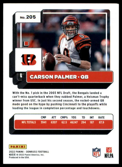 Carson Palmer football card from 2022 Donruss series featuring Cincinnati Bengals player