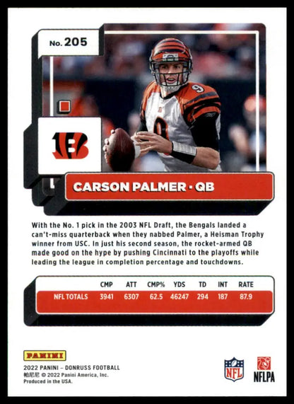 Carson Palmer 2022 Donruss football card featuring Cincinnati Bengals player
