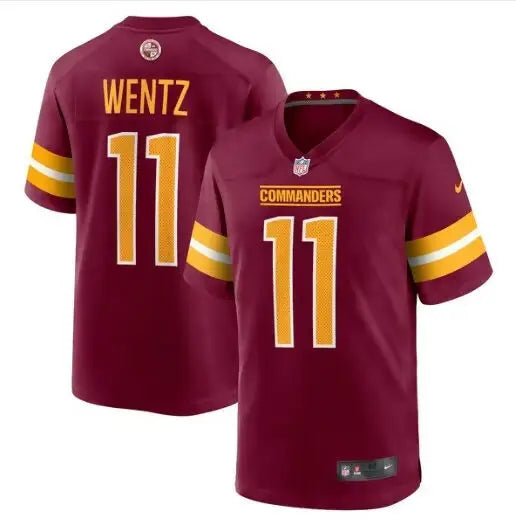 Maroon Washington Commanders Nike Game Jersey with number 11 and Wentz on the back