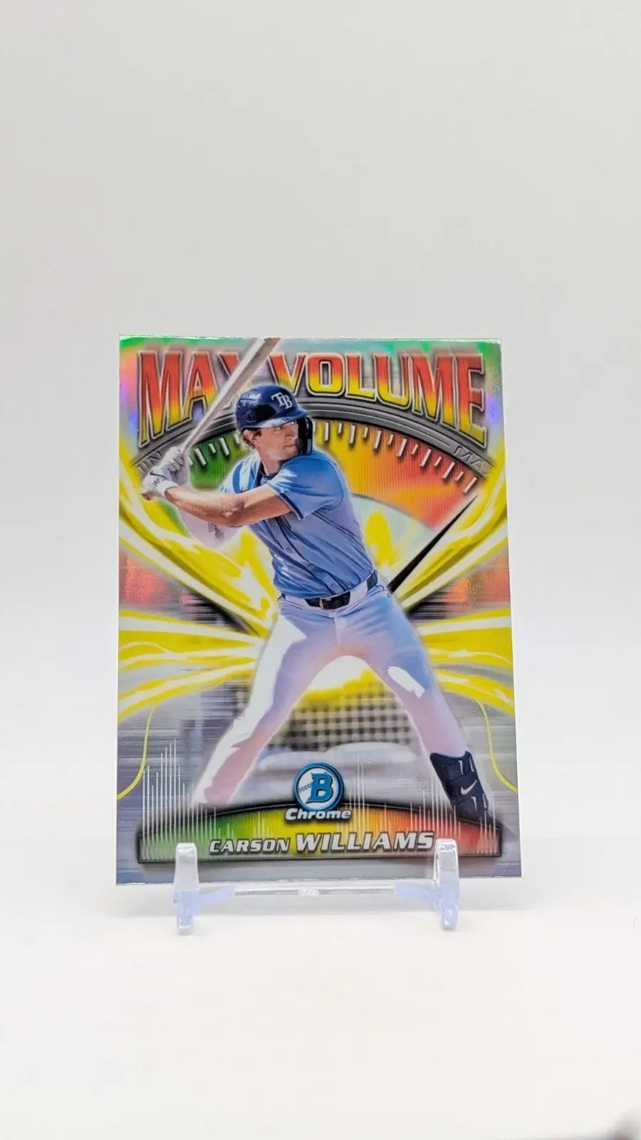 Baseball trading card of Carson Williams in batting stance from Bowman Chrome Max Volume