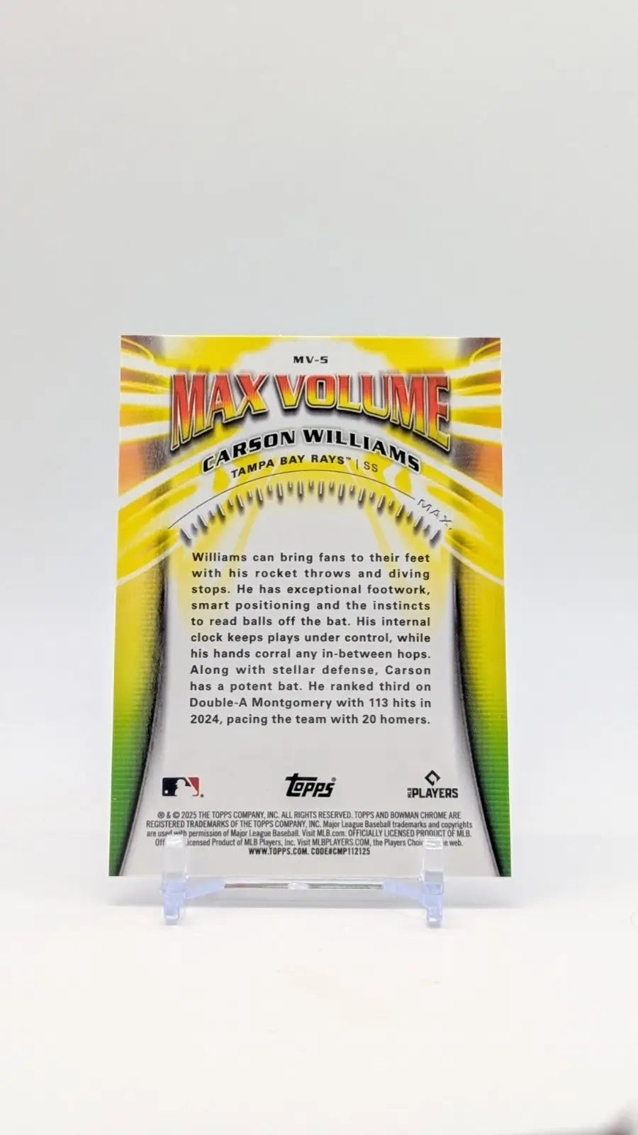 Baseball trading card featuring Carson Williams Bowman Chrome Max Volume Tampa Bay Rays