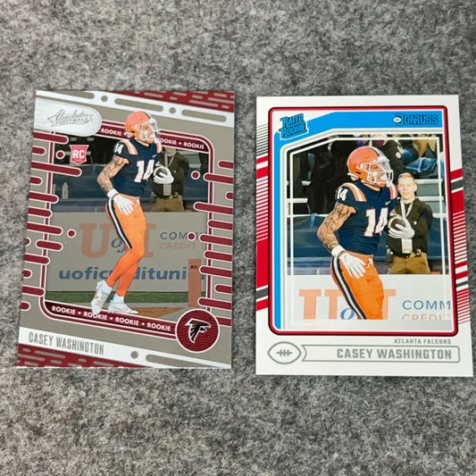 Two Casey Washington Rookie Atlanta Falcons football trading cards in a 2024 NFL product