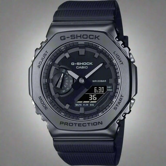 Casio G-Shock men’s black dial watch with anthracite grey bezel, analog digital display, world time