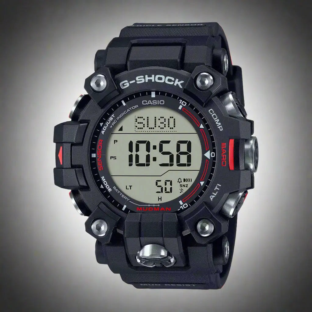 Black digital G-Shock MUDMAN watch with bio-based resin band and red accents