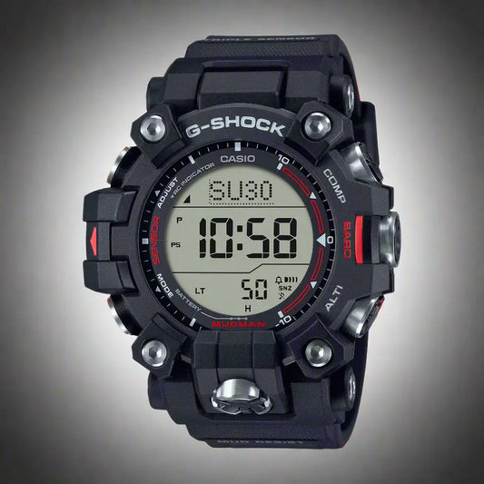 Black digital G-Shock MUDMAN watch with bio-based resin band and red accents