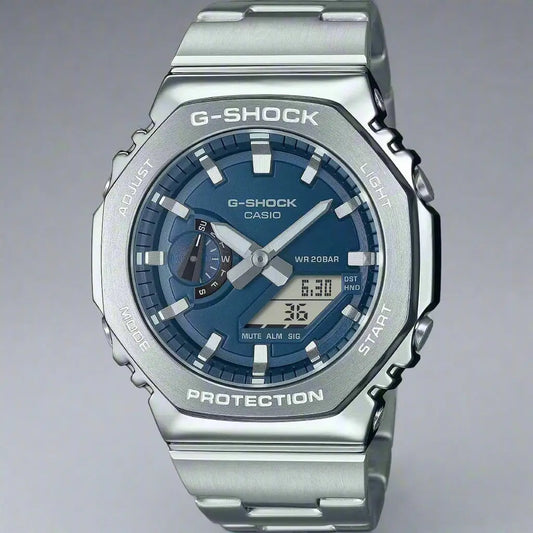 Casio men’s blue dial G-SHOCK SS band watches with silver octagonal bezel and hourly time signal