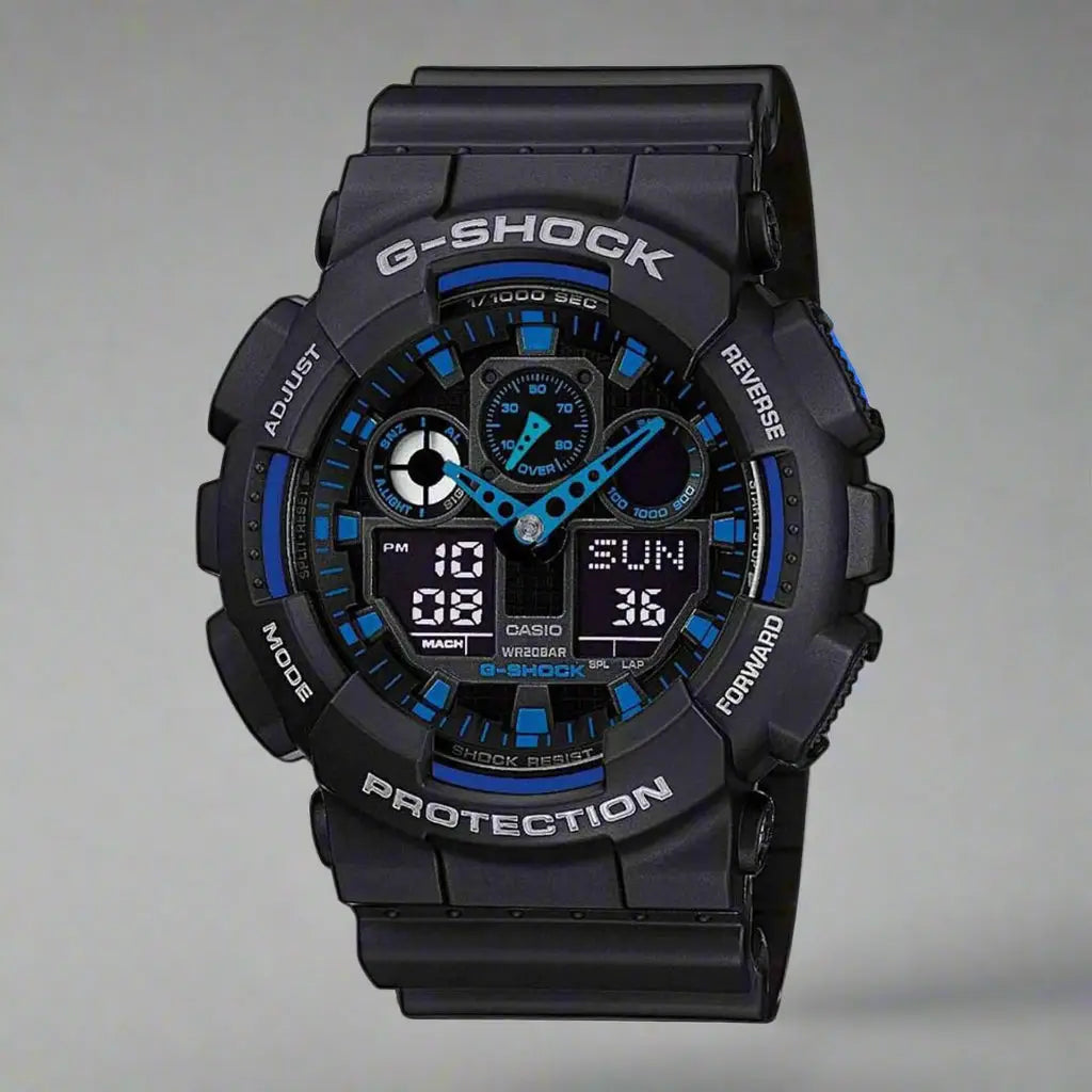 Casio Watches men’s black blue G-SHOCK sports watch with world time and hourly signal